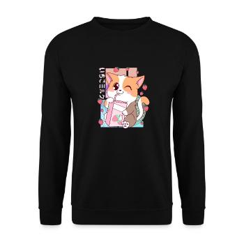Süße japanische Kawaii Katze Erdbeermilch Shake Nek - Unisex Pullover - Schwarz - Vorne - Alina (178cm) & Michal (187cm)