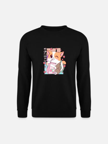 Süße japanische Kawaii Katze Erdbeermilch Shake Nek - Unisex Pullover - Schwarz