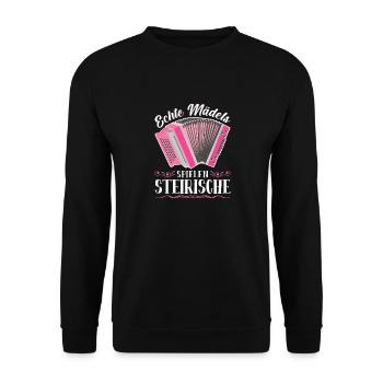 Echte Mädels spielen Steirische Harmonika Quetschn - Unisex Pullover - Schwarz - Vorne - Alina (178cm) & Michal (187cm)