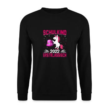 Schulkind 2022 Einhorn - Unisex Pullover - Schwarz - Vorne - Alina (178cm) & Michal (187cm)