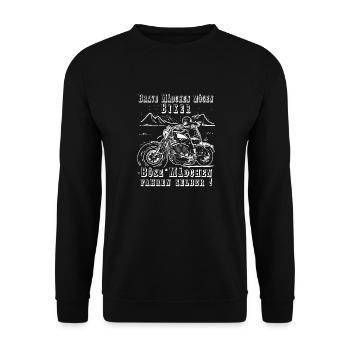 Cooles Damen Frauen Mororradfahrerinen Motiv - Unisex Pullover - Schwarz - Vorne - Alina (178cm) & Michal (187cm)