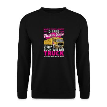 Trucker Babe Zeigt Euch Man Einen Truck Fährt - Unisex Pullover - Schwarz - Vorne - Alina (178cm) & Michal (187cm)
