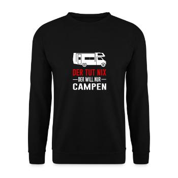 Camper Zelten Wohnwagen lustiger Spruch - Unisex Pullover - Schwarz - Vorne - Alina (178cm) & Michal (187cm)