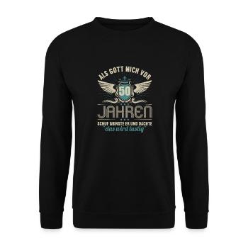 Als Gott mich vor 50 Jahren schuf 50. Geburtstag - Unisex Pullover - Schwarz - Vorne - Alina (178cm) & Michal (187cm)