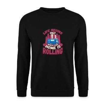 Das Leben fängt er an wenn dein Zuhause Rollt - Unisex Pullover - Schwarz - Vorne - Alina (178cm) & Michal (187cm)