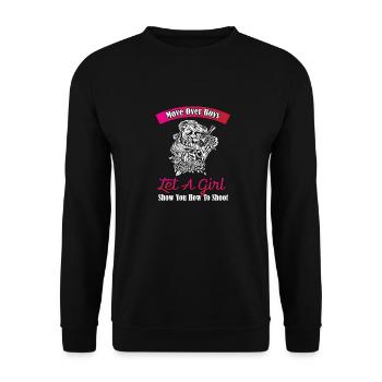 Lustiger Sporschützin Schützin Spruch - Unisex Pullover - Schwarz - Vorne - Alina (178cm) & Michal (187cm)