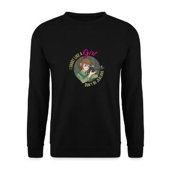 Lustiger Sporschützin Schützin Spruch - Unisex Pullover - Schwarz - Vorne - Alina (178cm) & Michal (187cm)