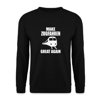 Bahnfahren Pendler "Make Zugfahren Great Again" - Unisex Pullover - Schwarz - Vorne - Alina (178cm) & Michal (187cm)