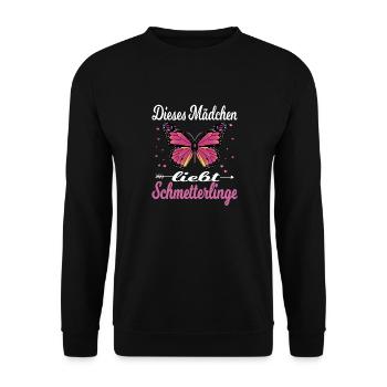 Witziger Dieses Mädchen liebt Schmetterlinge - Unisex Pullover - Schwarz - Vorne - Alina (178cm) & Michal (187cm)