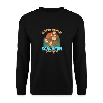 Echte Kerle Schlafen Draußen - Campen Zelten Natur - Unisex Pullover - Schwarz - Vorne - Alina (178cm) & Michal (187cm)