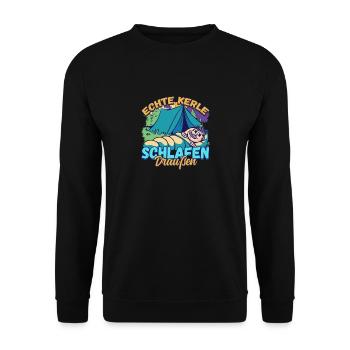 Echte Kerle Schlafen Draußen - Campen Zelten Natur - Unisex Pullover - Schwarz - Vorne - Alina (178cm) & Michal (187cm)