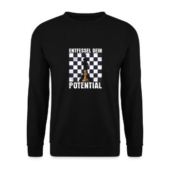 Entfessel dein Potential Schach König Schachspiel - Unisex Pullover - Schwarz - Vorne - Alina (178cm) & Michal (187cm)