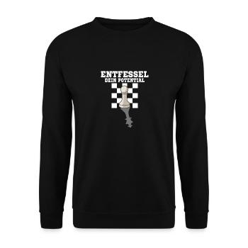 Entfessel dein Potential Schachspiel König Schach - Unisex Pullover - Schwarz - Vorne - Alina (178cm) & Michal (187cm)