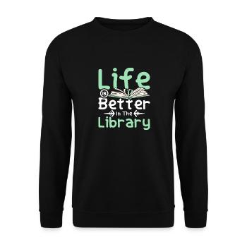 Life is better in the Library - Unisex Pullover - Schwarz - Vorne - Alina (178cm) & Michal (187cm)