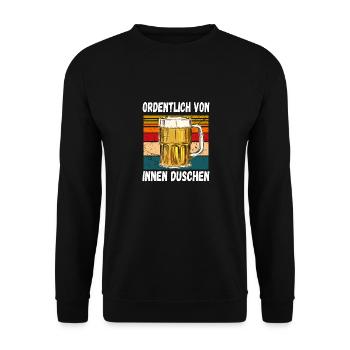 Ordentlich von innen Duschen witziger Trinkspruch - Unisex Pullover - Schwarz - Vorne - Alina (178cm) & Michal (187cm)