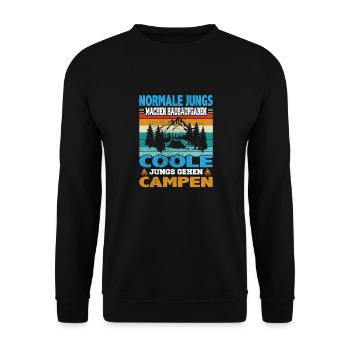 Camping Spruch Jungs Hausaufgaben coole Campen - Unisex Pullover - Schwarz - Vorne - Alina (178cm) & Michal (187cm)