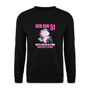 Ich bin 51 Bitte helfen Sie mir über Straße - Unisex Pullover - Schwarz - Vorne - Alina (178cm) & Michal (187cm)