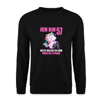 Ich bin 57 Bitte helfen Sie mir über Straße - Unisex Pullover - Schwarz - Vorne - Alina (178cm) & Michal (187cm)