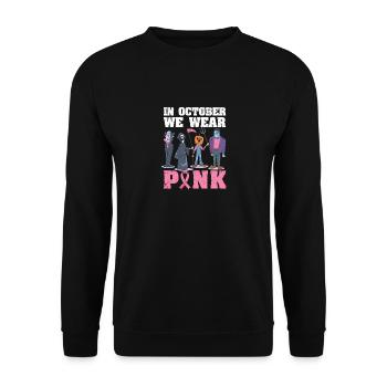 Im Oktober tragen wir Rosa Lustiges Halloween - Unisex Pullover - Schwarz - Vorne - Alina (178cm) & Michal (187cm)