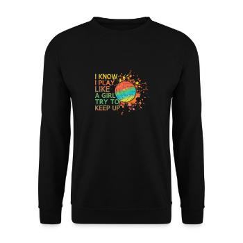 Volleyball Ich Weiß, Ich Spiele Wie Ein Mädchen, - Unisex Pullover - Schwarz - Vorne - Alina (178cm) & Michal (187cm)