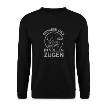 Genieße Das Leben In Vollen Zügen Zugführer - Unisex Pullover - Schwarz - Vorne - Alina (178cm) & Michal (187cm)