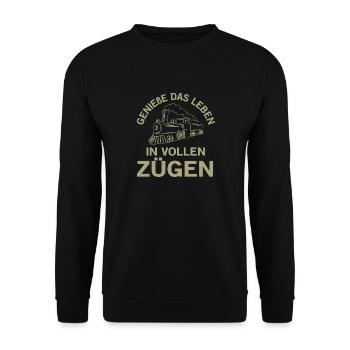 Genieße Das Leben In Vollen Zügen Zugführer - Unisex Pullover - Schwarz - Vorne - Alina (178cm) & Michal (187cm)