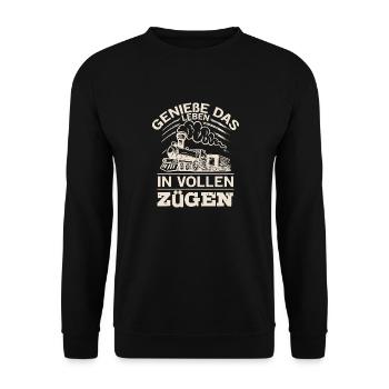 Genieße Das Leben In Vollen Zügen Zugführer - Unisex Pullover - Schwarz - Vorne - Alina (178cm) & Michal (187cm)
