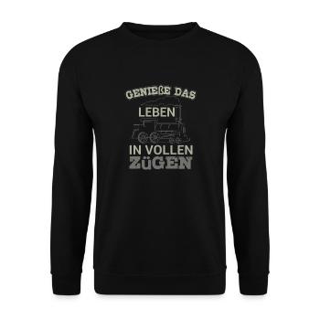 Genieße Das Leben In Vollen Zügen Zugführer - Unisex Pullover - Schwarz - Vorne - Alina (178cm) & Michal (187cm)