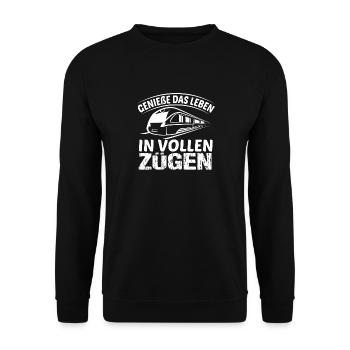Genieße Das Leben In Vollen Zügen Zugführer - Unisex Pullover - Schwarz - Vorne - Alina (178cm) & Michal (187cm)
