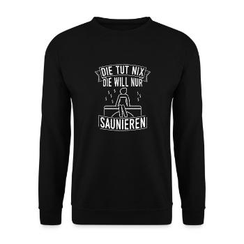 Saunameister - Geschenk Sauna Spruch Saunieren - Unisex Pullover - Schwarz - Vorne - Alina (178cm) & Michal (187cm)
