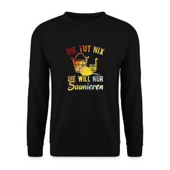 Saunameister - Geschenk Sauna Spruch Saunieren - Unisex Pullover - Schwarz - Vorne - Alina (178cm) & Michal (187cm)