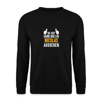 Nicolas Vorname Name Geschenk - Unisex Pullover - Schwarz - Vorne - Alina (178cm) & Michal (187cm)