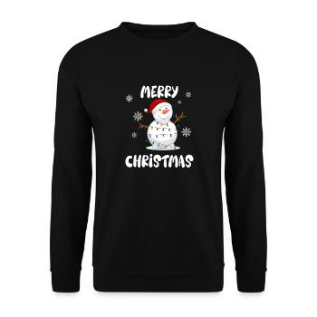 Schneemann mit Lichterkette und Merry Christmas - Unisex Pullover - Schwarz - Vorne - Alina (178cm) & Michal (187cm)
