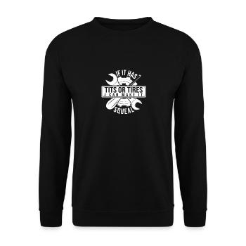 If It Has Tits Or Tires, Sarkastischer Mechaniker - Unisex Pullover - Schwarz - Vorne - Alina (178cm) & Michal (187cm)