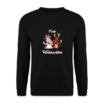 Frohe Weihnachten Einhorn Rentier Heilig Abend - Unisex Pullover - Schwarz - Vorne - Alina (178cm) & Michal (187cm)