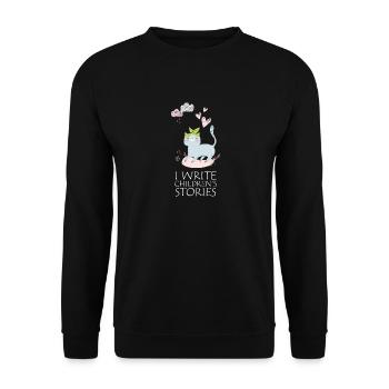 Ich Schreibe Kindergeschichten Katze Wolken Zitat - Unisex Pullover - Schwarz - Vorne - Alina (178cm) & Michal (187cm)