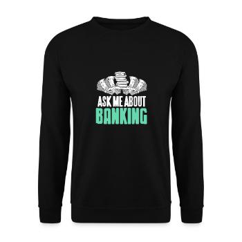 Ask Me About Banking Cool Retro Banker T-Shirt - Unisex Pullover - Schwarz - Vorne - Alina (178cm) & Michal (187cm)