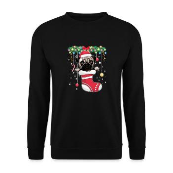 Funny Xmas - Süßer Mopshund im Weihnachtsstrumpf - Unisex Pullover - Schwarz - Vorne - Alina (178cm) & Michal (187cm)