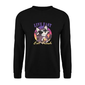 Lebe Schnell, Iss Müll, Lustiges Waschbärtier - Unisex Pullover - Schwarz - Vorne - Alina (178cm) & Michal (187cm)