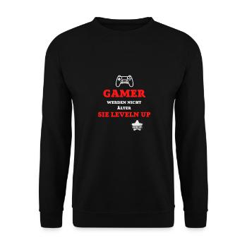 GAMER WERDEN NICHT ÄLTER SIE LEVELN UP - Unisex Pullover - Schwarz - Vorne - Alina (178cm) & Michal (187cm)