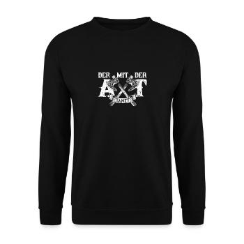 Der mit der Axt Tanzt Wikinger Nordmänner Spruch - Unisex Pullover - Schwarz - Vorne - Alina (178cm) & Michal (187cm)