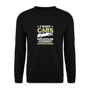 I Make Cars Dissapear Superpower, Abschleppwagen - Unisex Pullover - Schwarz - Vorne - Alina (178cm) & Michal (187cm)