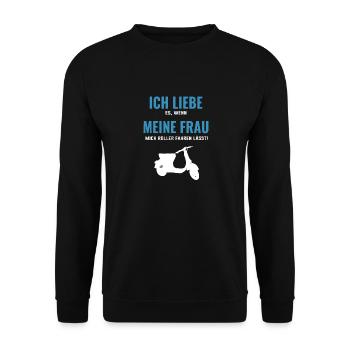 Ich liebe meine Frau wenn sie mich Roller fahren - Unisex Pullover - Schwarz - Vorne - Alina (178cm) & Michal (187cm)