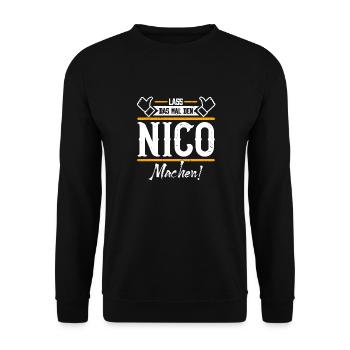 Nico Geschenkidee Geschenk Geburtstag - Unisex Pullover - Schwarz - Vorne - Alina (178cm) & Michal (187cm)