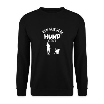 Der mit dem Hund geht - Hunde Design - Unisex Pullover - Schwarz - Vorne - Alina (178cm) & Michal (187cm)