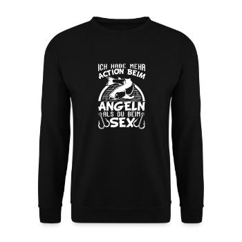 Versauter Angler Spruch Ich Habe Mehr Action Beim - Unisex Pullover - Schwarz - Vorne - Alina (178cm) & Michal (187cm)