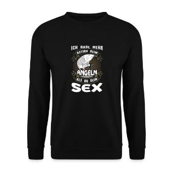 Lustiger Versauter Anglerspruch Beim Angeln Mehr - Unisex Pullover - Schwarz - Vorne - Alina (178cm) & Michal (187cm)