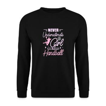 Never underastemate a girl who plyas handball - Unisex Pullover - Schwarz - Vorne - Alina (178cm) & Michal (187cm)