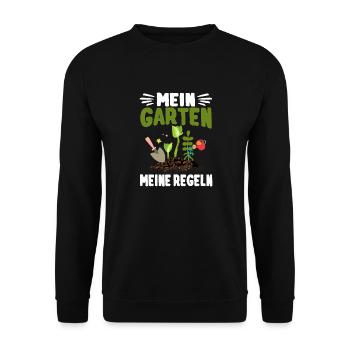 Mein Garten Meine Regeln Hobby-Gärtner Spruch - Unisex Pullover - Schwarz - Vorne - Alina (178cm) & Michal (187cm)