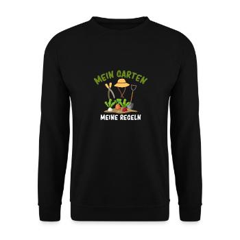 Mein Garten Meine Regeln Pflanzenmama - Unisex Pullover - Schwarz - Vorne - Alina (178cm) & Michal (187cm)